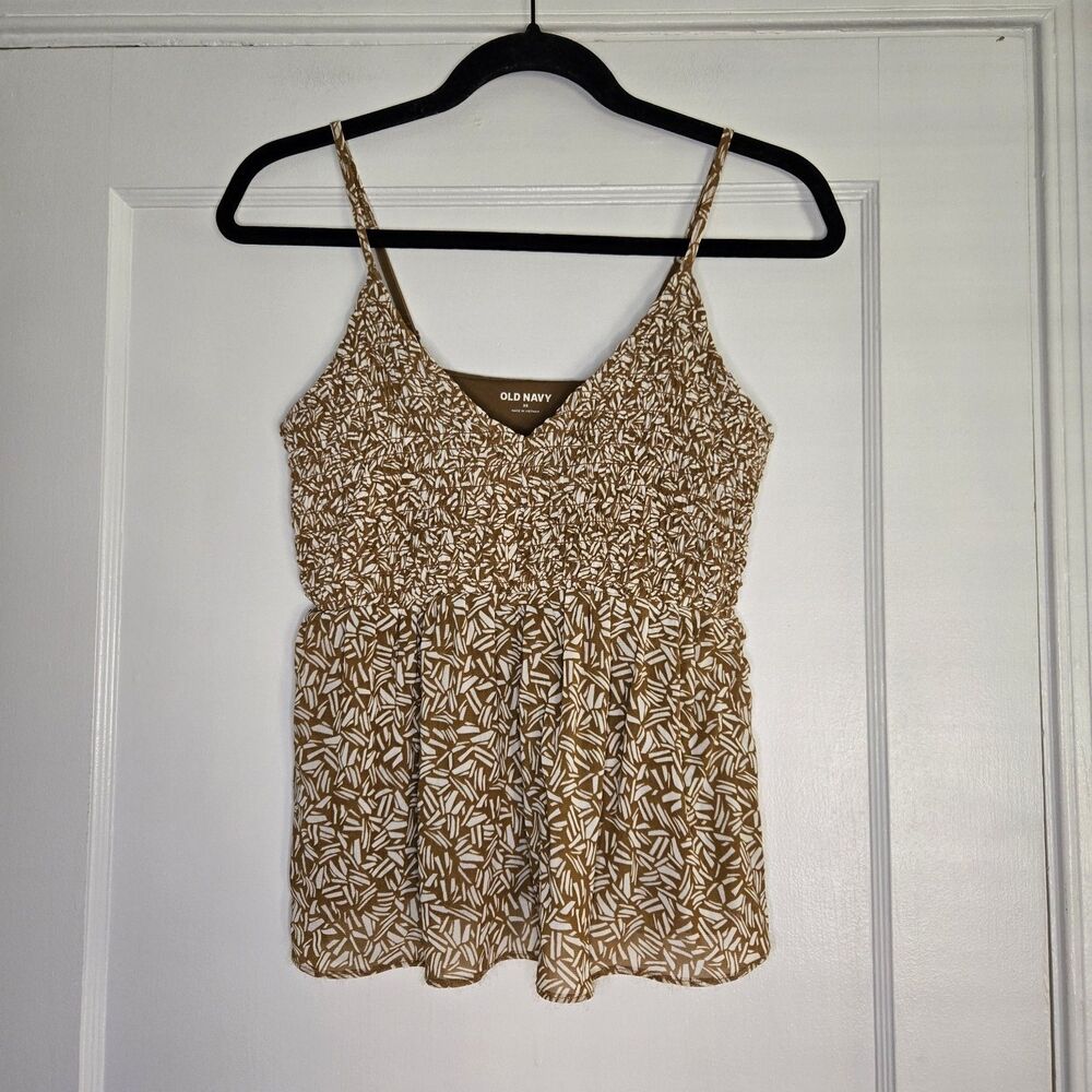 Old Navy Smocked Camisole Womens XS Mustard White Geometric Spaghetti Strap Tank